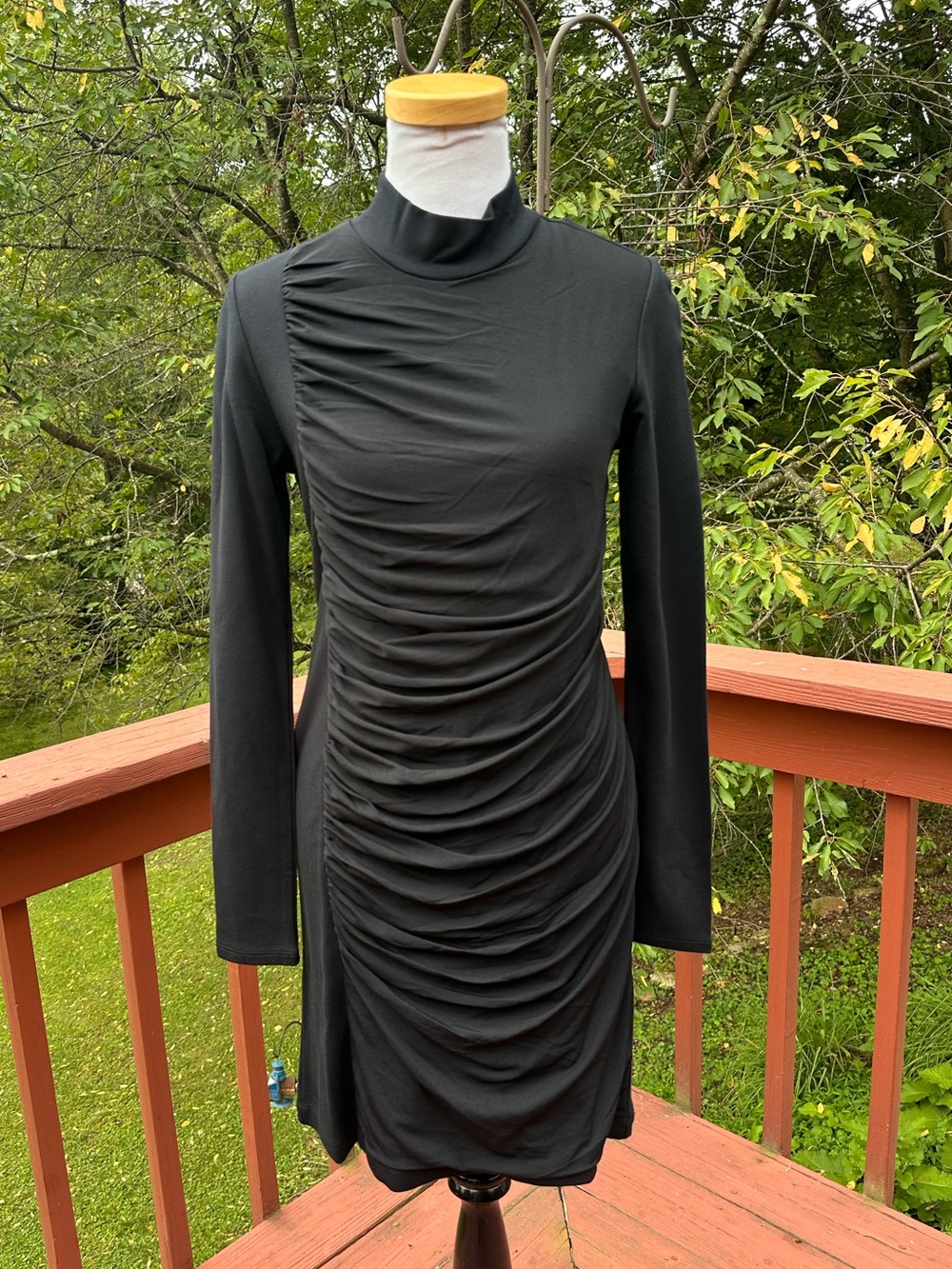 NWT! Y2K Vivienne Tam Black Long-Sleeve Ruched Mock Neck Dress